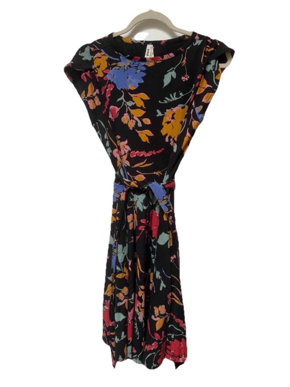 Pact Organic Cotton Floral Belted Black Midi Wrap Dress with Belt Medium